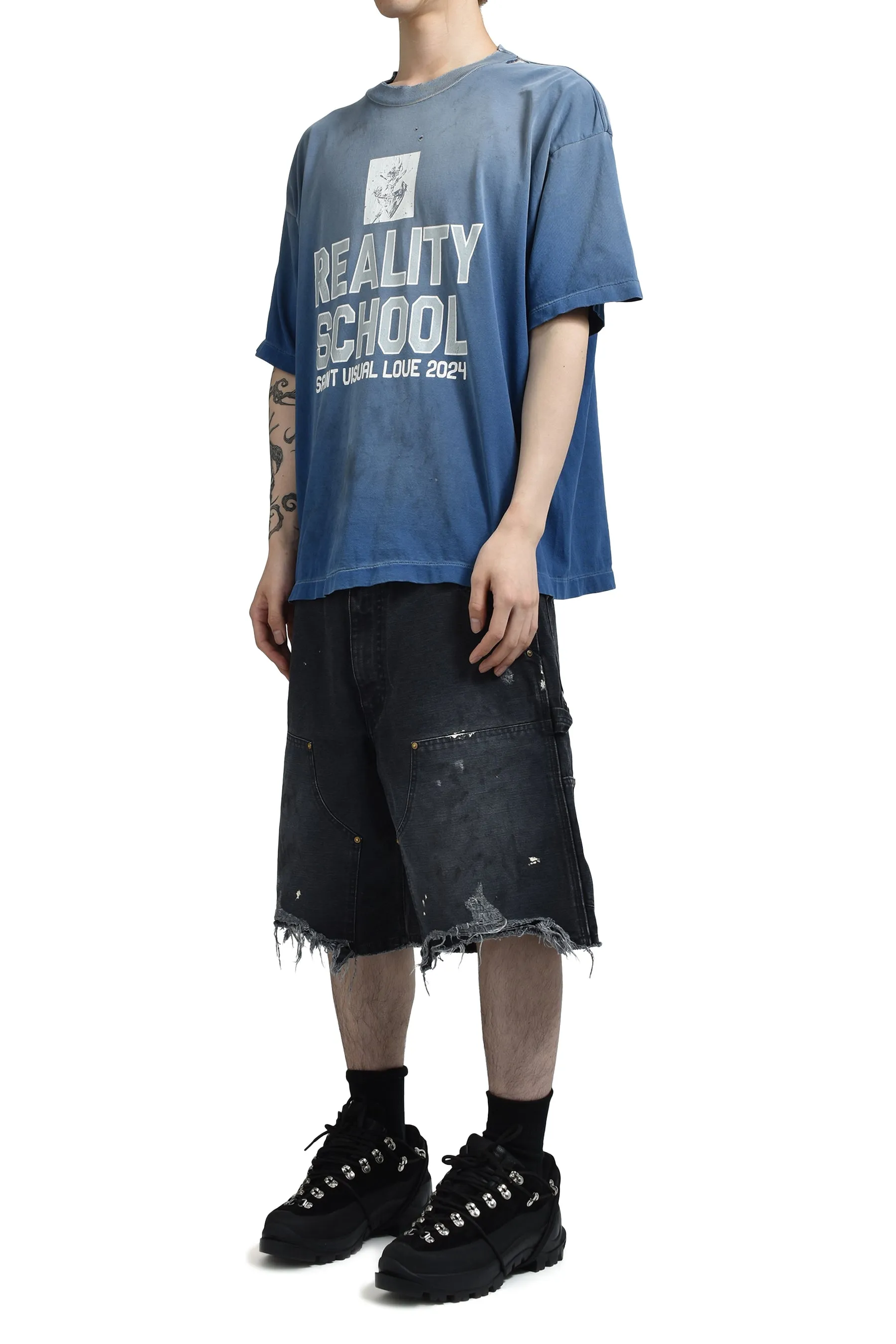 SAINT Mxxxxxx REALITY SCHOOL SS_TEE/NVY slogan distressed short-sleeves, washed blue S-XL, garment dyeing, horse fade, ultra-complex shearing and destruction treatment, correct version, cylindrical fabric, customized original consistent main mark/wash mark, original consistent silver powder printing, distressed treatment